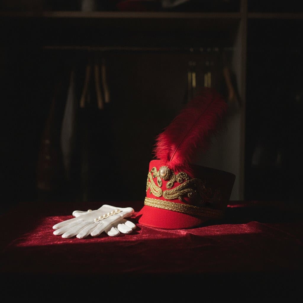 Ein weisser Zeremonienhandschuh und eine kindergrosse rot-goldene Gardekappe mit Federbusch auf dunkelrotem Samt