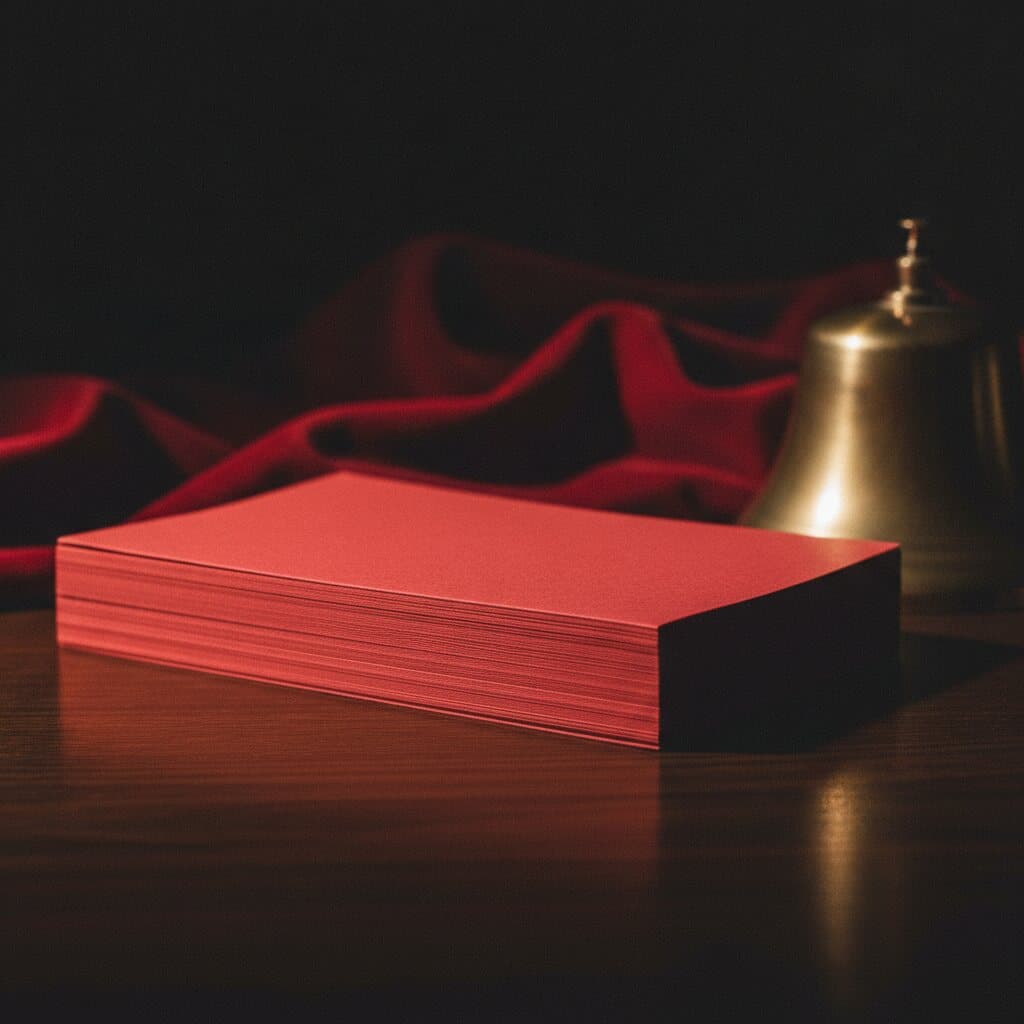 Ein Stapel roter, unbedruckter Eintrittskarten auf dunklem Holz, dahinter roter Samt und eine Messingglocke