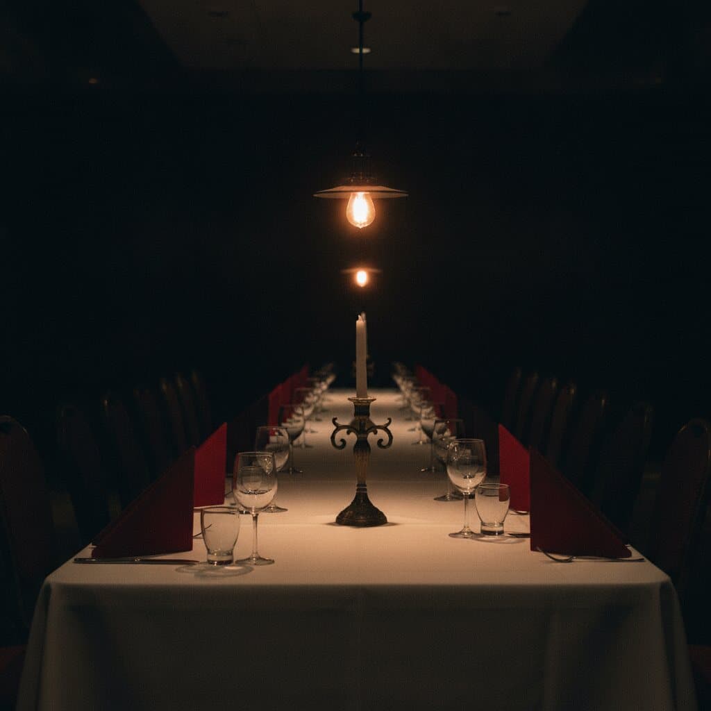 Lange gedeckte Tafel in einem abgedunkelten Ballsaal, leere Gläser, rote Servietten und eine brennende Kerze in einem Messingleuchter unter einer warmen Hängelampe